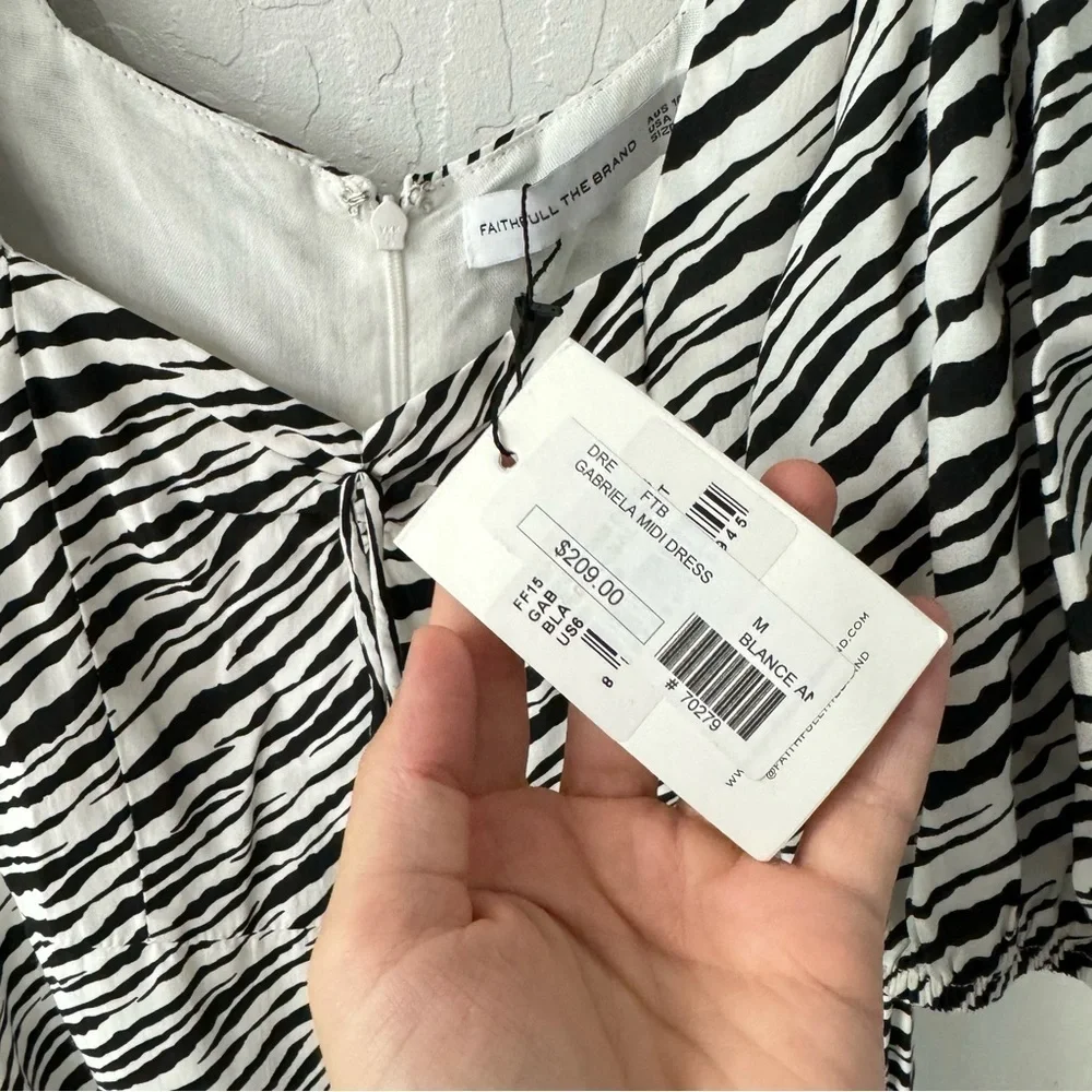 Faithfull The Brand Gabriela Zebra Stripe Black White Puff Sleeve Midi Dress M - Picture 7 of 10